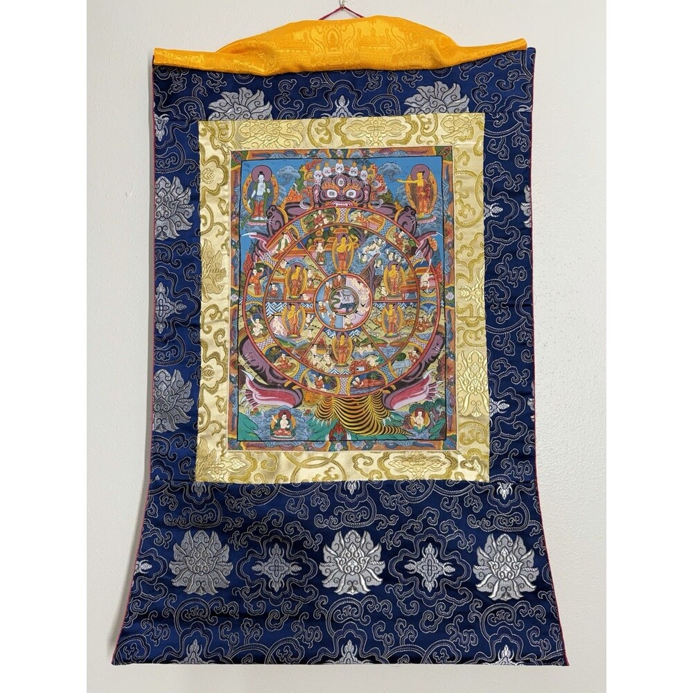 Vintage Hand Painted Tibetan Buddhist Thangka Bhavachakra Wheel of Life 29x21